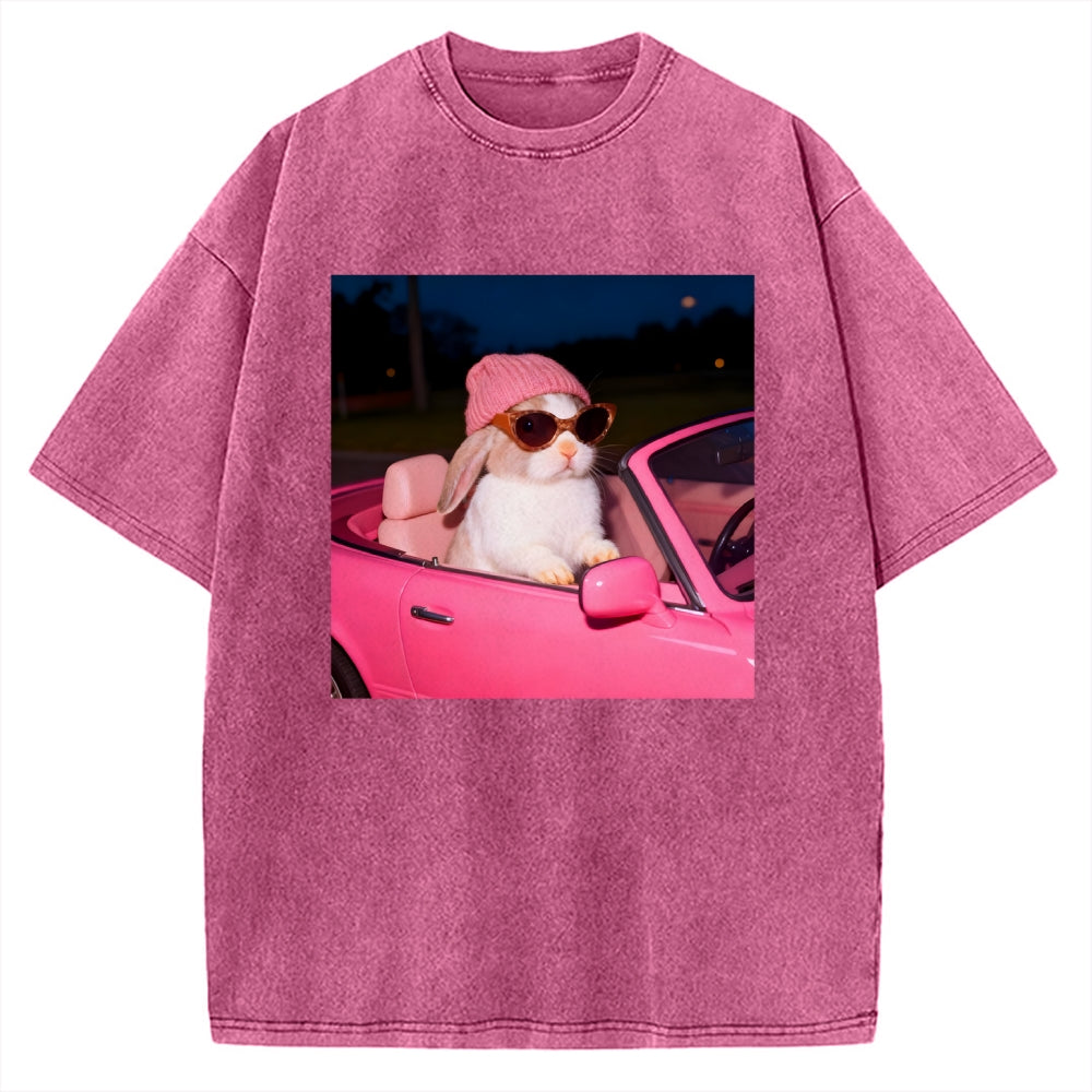 Vintage Washed Bunny Girl Easter Graphic T-Shirt for Women | Retro Distressed Streetwear Tee