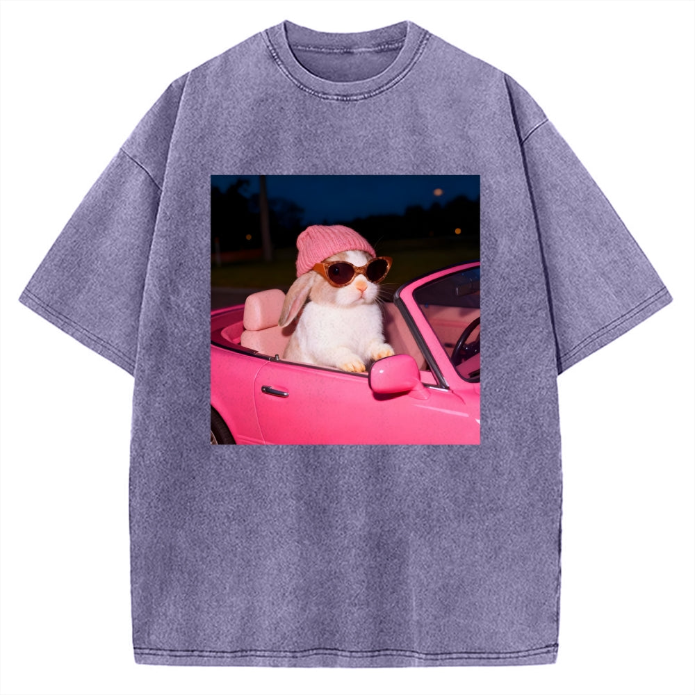 Vintage Washed Bunny Girl Easter Graphic T-Shirt for Women | Retro Distressed Streetwear Tee