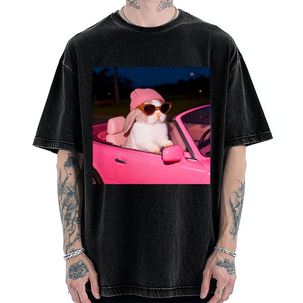 Vintage Washed Bunny Girl Easter Graphic T-Shirt for Women | Retro Distressed Streetwear Tee
