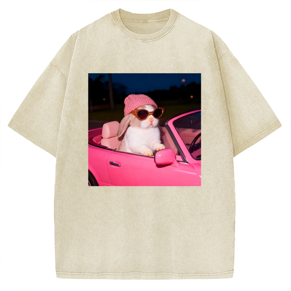 Vintage Washed Bunny Girl Easter Graphic T-Shirt for Women | Retro Distressed Streetwear Tee
