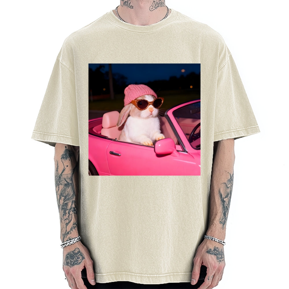 Vintage Washed Bunny Girl Easter Graphic T-Shirt for Women | Retro Distressed Streetwear Tee