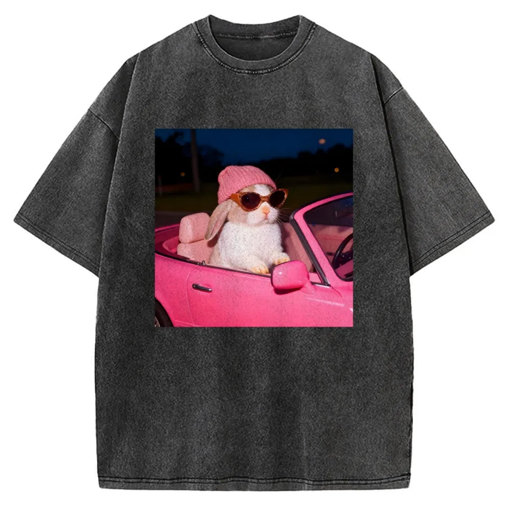 Vintage Washed Bunny Girl Easter Graphic T-Shirt for Women | Retro Distressed Streetwear Tee