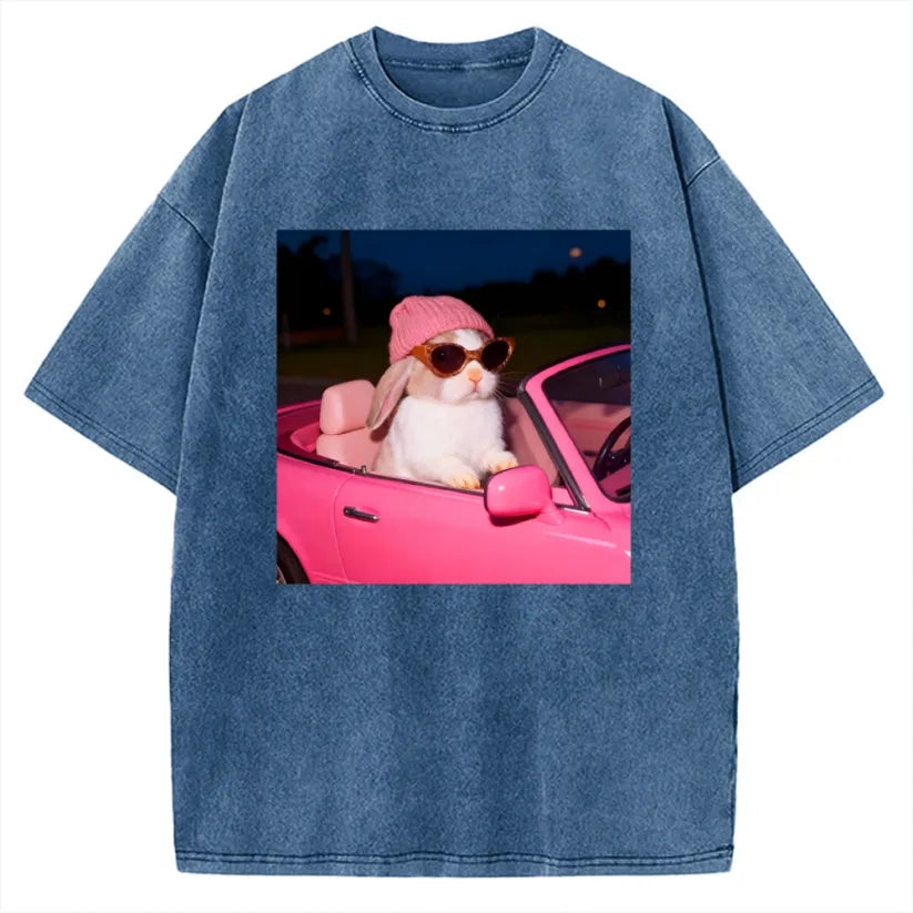 Vintage Washed Bunny Girl Easter Graphic T-Shirt for Women | Retro Distressed Streetwear Tee