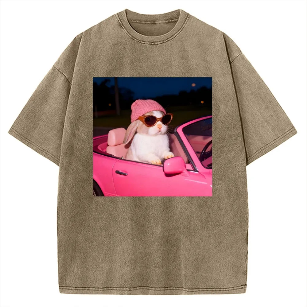 Vintage Washed Bunny Girl Easter Graphic T-Shirt for Women | Retro Distressed Streetwear Tee