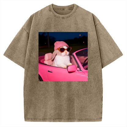 Vintage Washed Bunny Girl Easter Graphic T-Shirt for Women | Retro Distressed Streetwear Tee