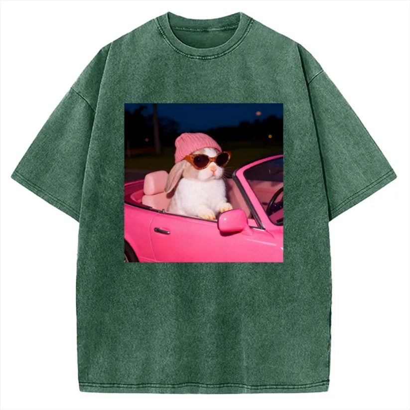 Vintage Washed Bunny Girl Easter Graphic T-Shirt for Women | Retro Distressed Streetwear Tee