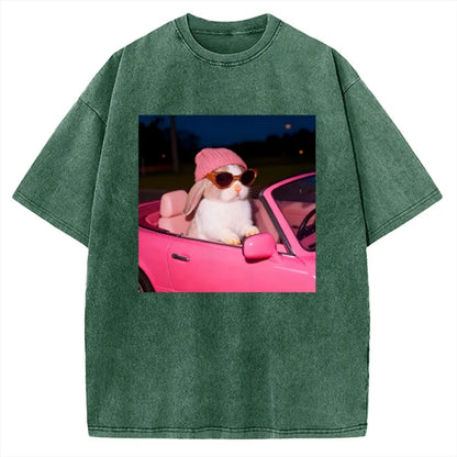 Vintage Washed Bunny Girl Easter Graphic T-Shirt for Women | Retro Distressed Streetwear Tee