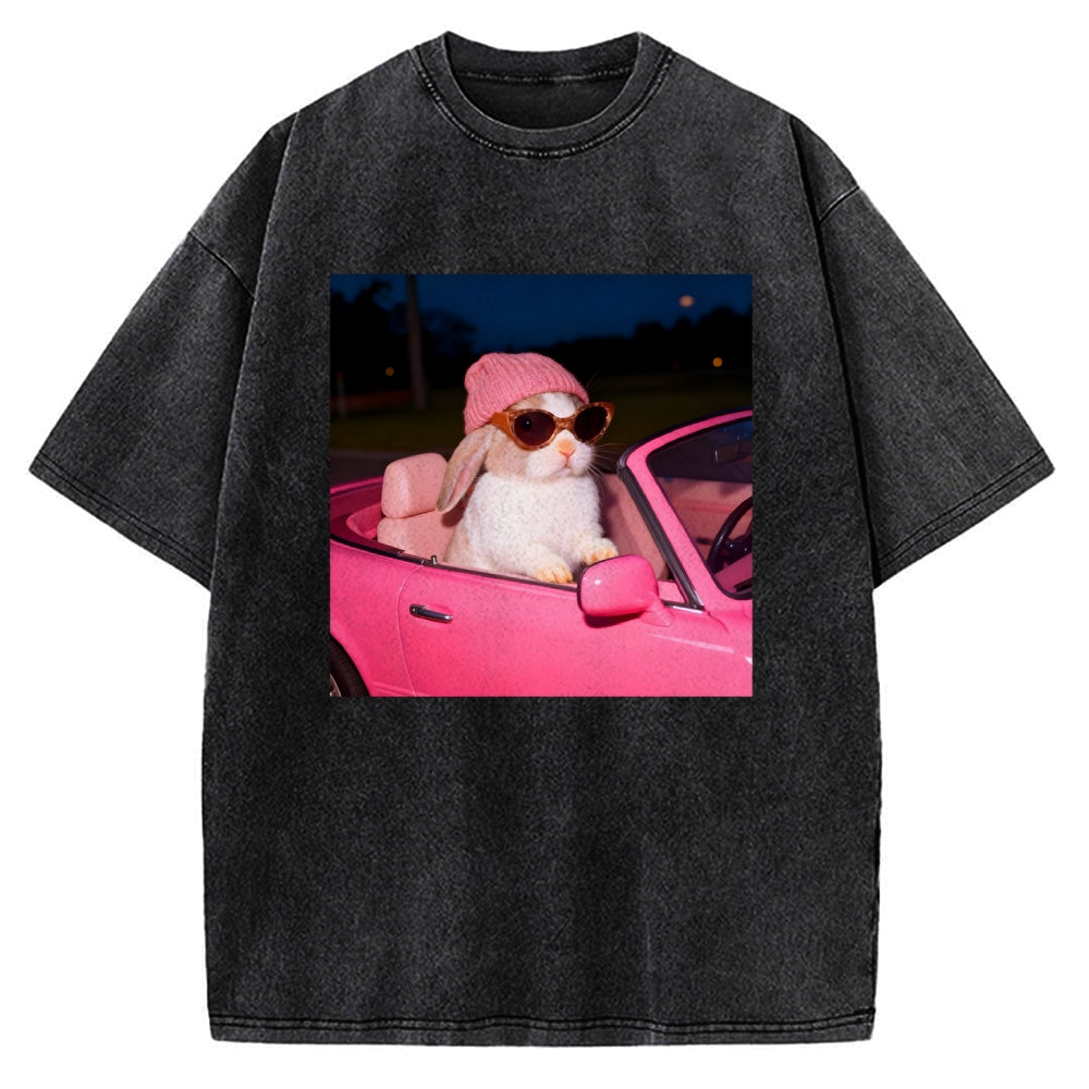 Vintage Washed Bunny Girl Easter Graphic T-Shirt for Women | Retro Distressed Streetwear Tee
