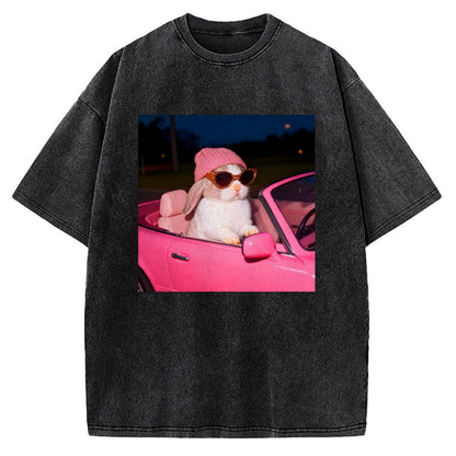 Vintage Washed Bunny Girl Easter Graphic T-Shirt for Women | Retro Distressed Streetwear Tee