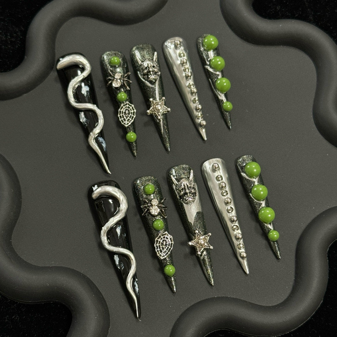 green silver spider nails press on